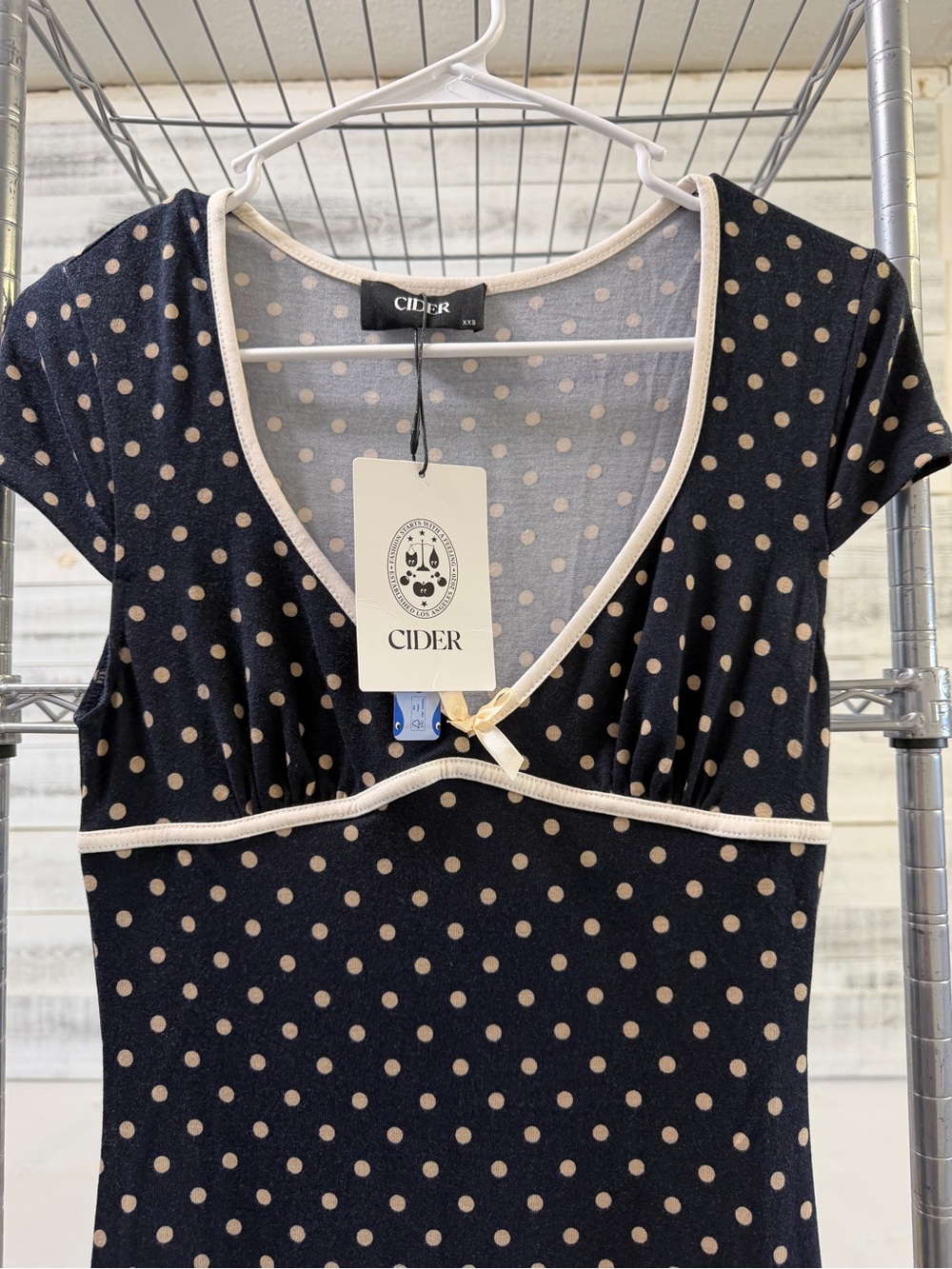 NWT. Cider Navy and White Polka Dot V-Neck Midi Dress - Picture 4 of 5